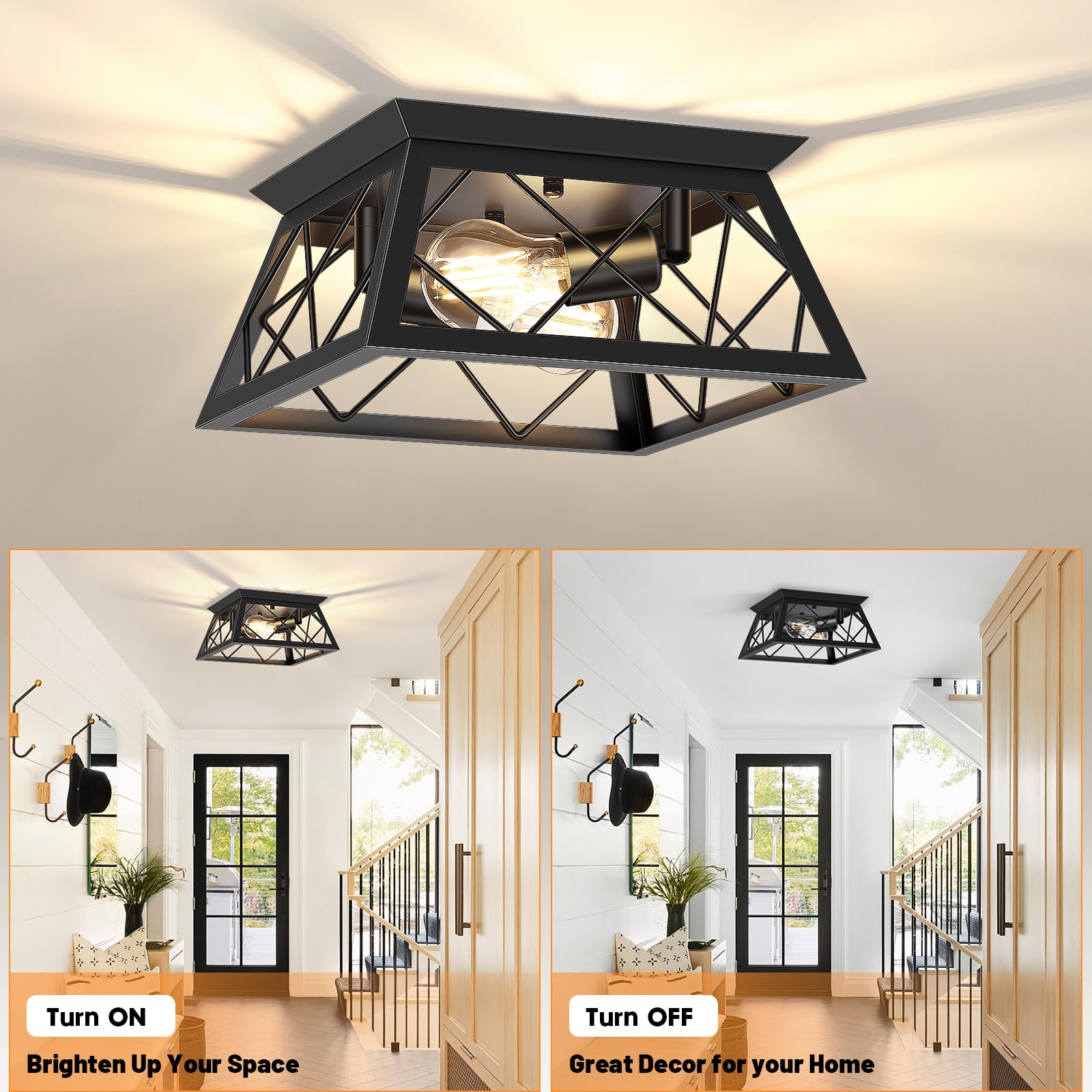 FadimiKoo 2-Light Black Flush Mount Ceiling Light Fixture, Industrial Hallway Light Fixtures Ceiling Mount for Farmhouse Kitchen, Square Cage Ceiling Lamp for Dining Room, Living Room, Entryway