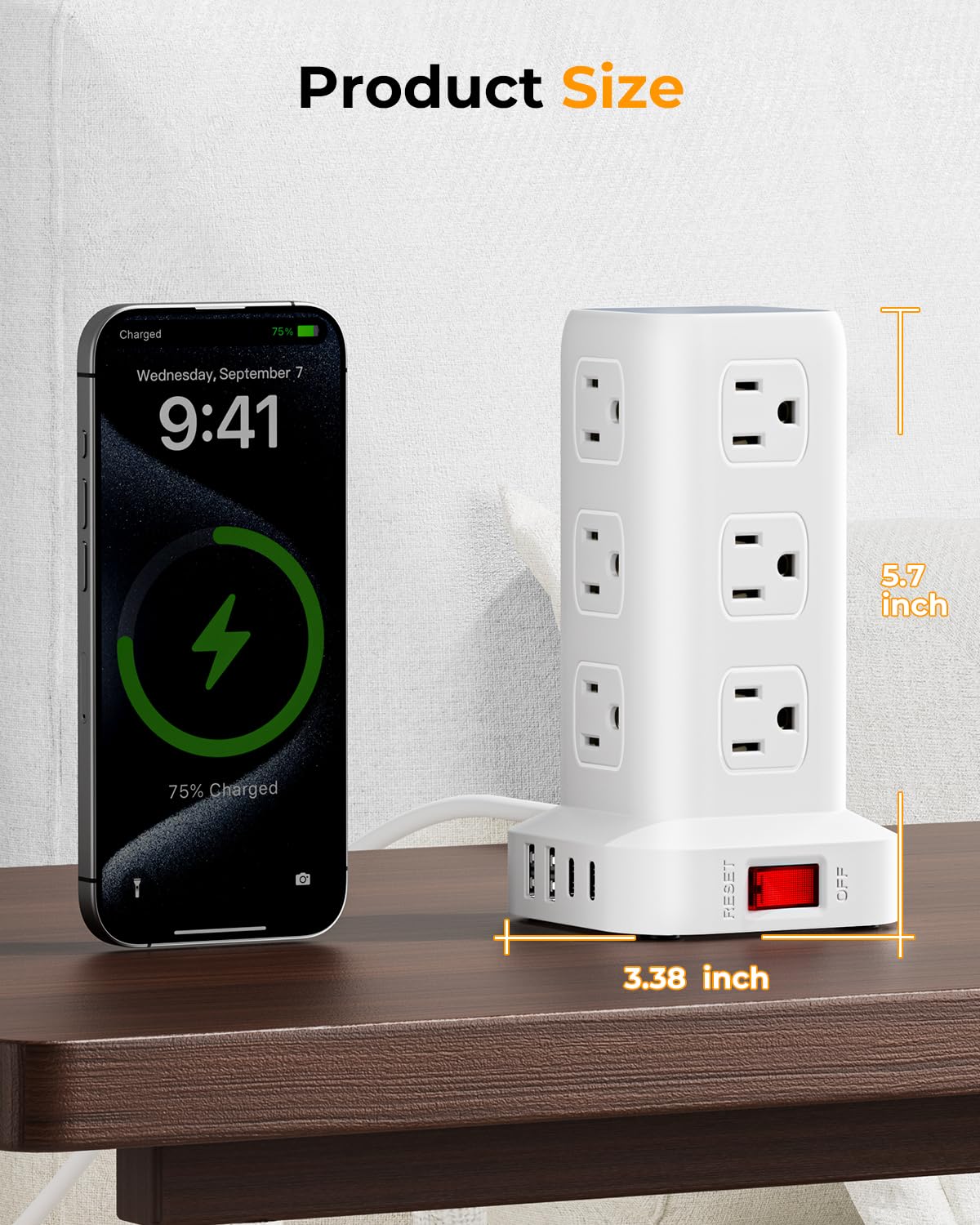 Tower Surge Protector Power Strip with 12 Outlets 4 USB (1 USB C), 6.5Feet Extension Cord with Multiple Outlets, Charging Station, Power Strip Tower, Office Desk Supplies