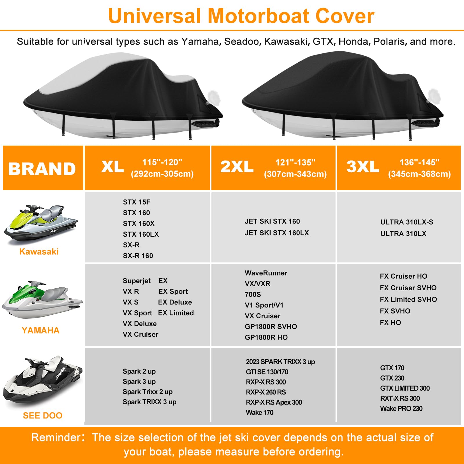 Jet Ski Cover,Heavy Duty 900D Oxford Jetski Cover 2 3 Seater with 2 Air Vents，4 Windproof Buckles，Easy On，Jetski Cover Waterproof for Seadoo Spark,Yamaha,All Weather Protection(Black, XL:115"-120")