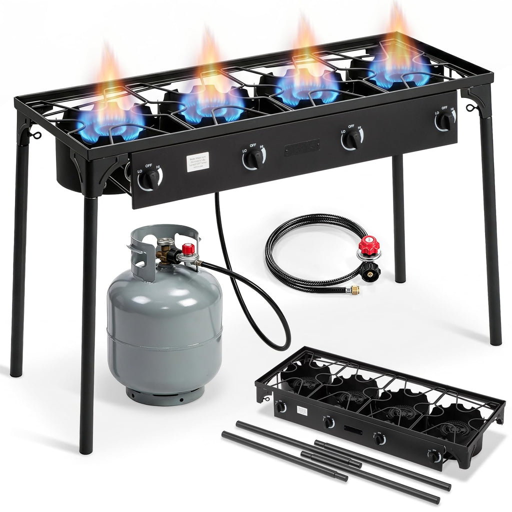 Outvita 2 Burner Propane Gas Stove for Outdoor Cooking, 150,000 BTU Camping Cooker with Removable Legs, Temperature Control Knobs for Backyard Cooking, BBQ, Baking and Frying