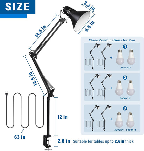 2 Pack Desk Lamp w/A19 E26 LED Bulb for Home Office Eye-Caring Metal Extra Tall Swing Arm High Intensity Clamp Flexible Gooseneck Side Table Working Reading Computer Workbench 5000K White Light