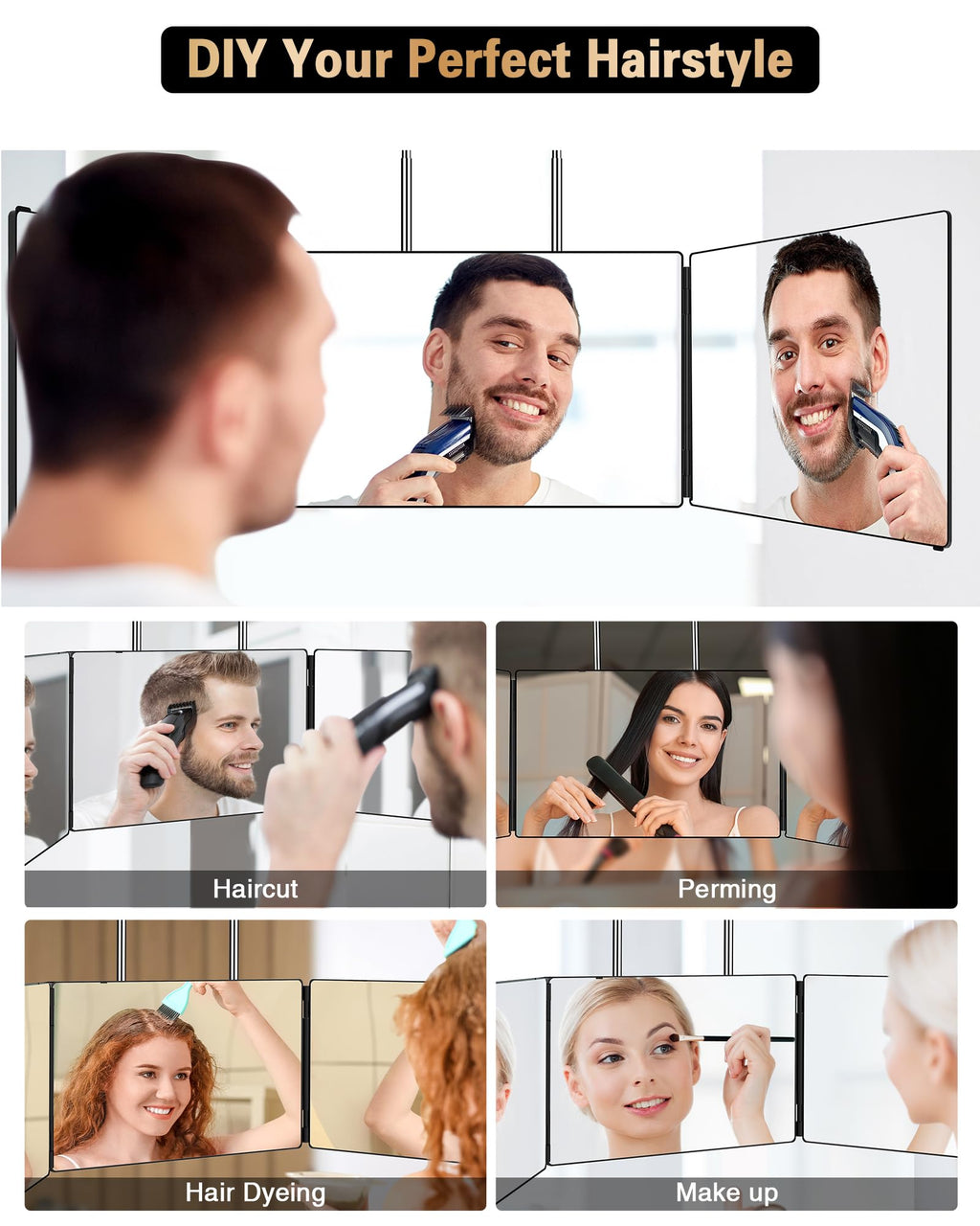 JUSRON 360 Viewing Angle Self Hair Cutting Mirror, Clear Anti-Fog HD Glass, USB Rechargeable, Easy to Use, Height Adjustable, Portable, Good Choice for Gifts