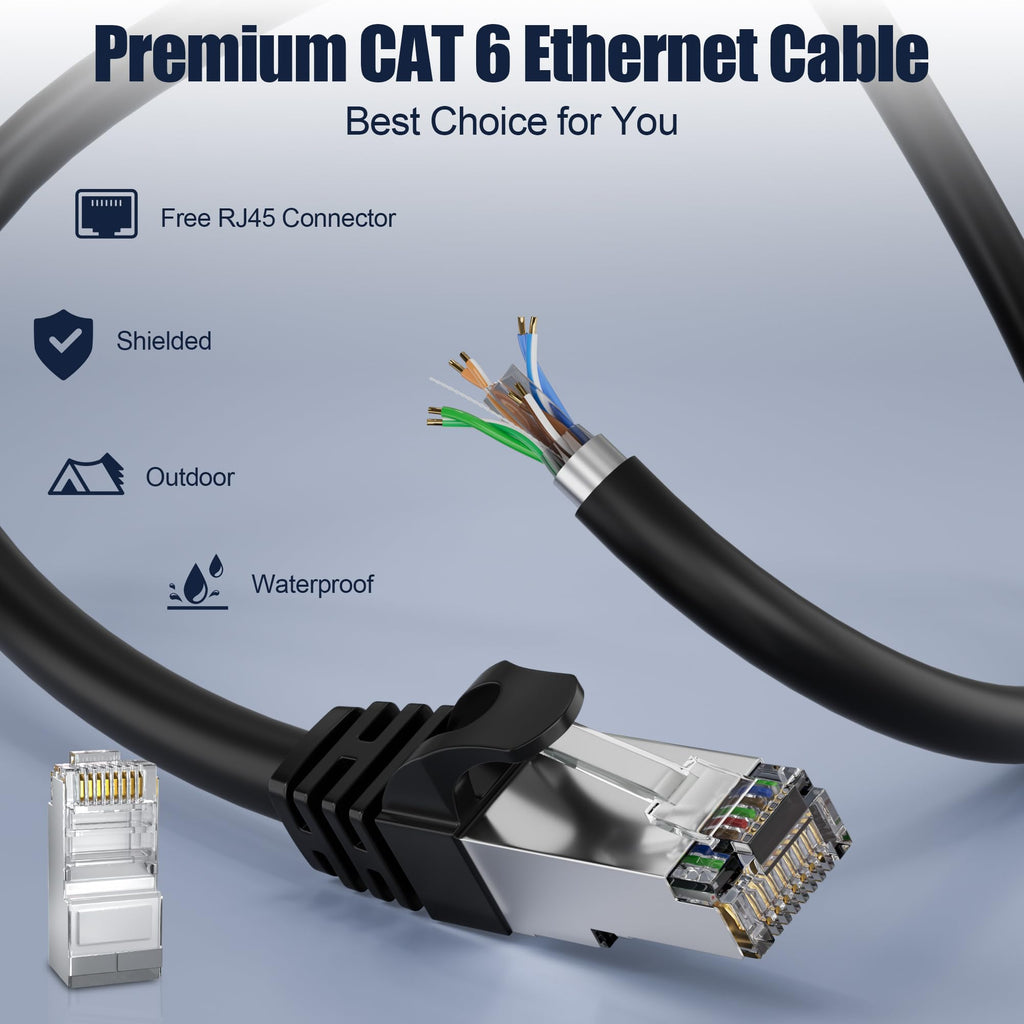 MEIPEK Cat 6 Shielded Ethernet Cable 10ft, Outdoor&Indoor Cat 6 Patch Cable, Heavy Duty 23AWG, High Speed, Weatherproof, UV Resistant Cat6 RJ45 LAN Network Cables for Gaming, Modem