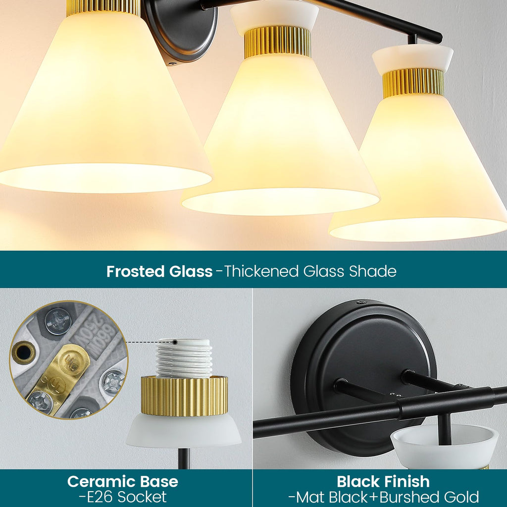 WOSHITU Gold Bathroom Light Fixtures: Modern Vanity Lighting Fixtures 2 Lights for Bathroom Mid Century Vanity Light Sconces Over Mirror with Frosted Milky Glass for Bath Bedroom Makeup