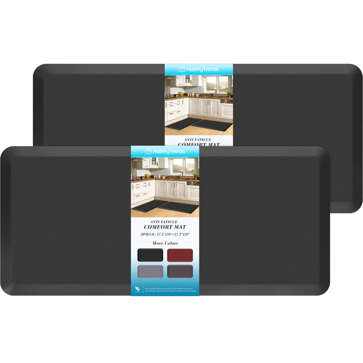 HappyTrends 2 PCS Kitchen Mat Cushioned Anti-Fatigue Floor Mat, Heavy Duty Ergonomic Comfort Foam Standing Mat, Waterproof Non-Slip Kitchen Rugs for Home, Office, Laundry,Black