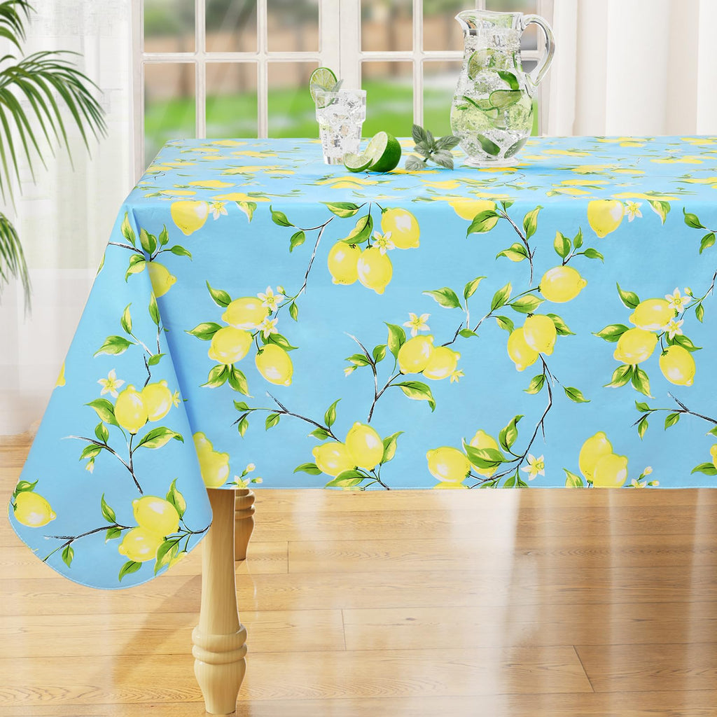 misaya Square Waterproof Vinyl Table Cloth, Wipeable Tablecloth with Flannel Backing, Plastic Table Cover for Dinner, Picnic, Indoor and Outdoor (Blue Leaves, 54" x 54")