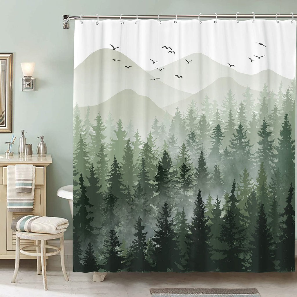 Stall Small Black and White Misty Forest Shower Curtain Ombre Gray Grey Mountain Pine Tree Waterproof Fabric Shower Curtains for Bathroom Nature Woodland Decorative Bath Curtain Decor 36×72 Inches