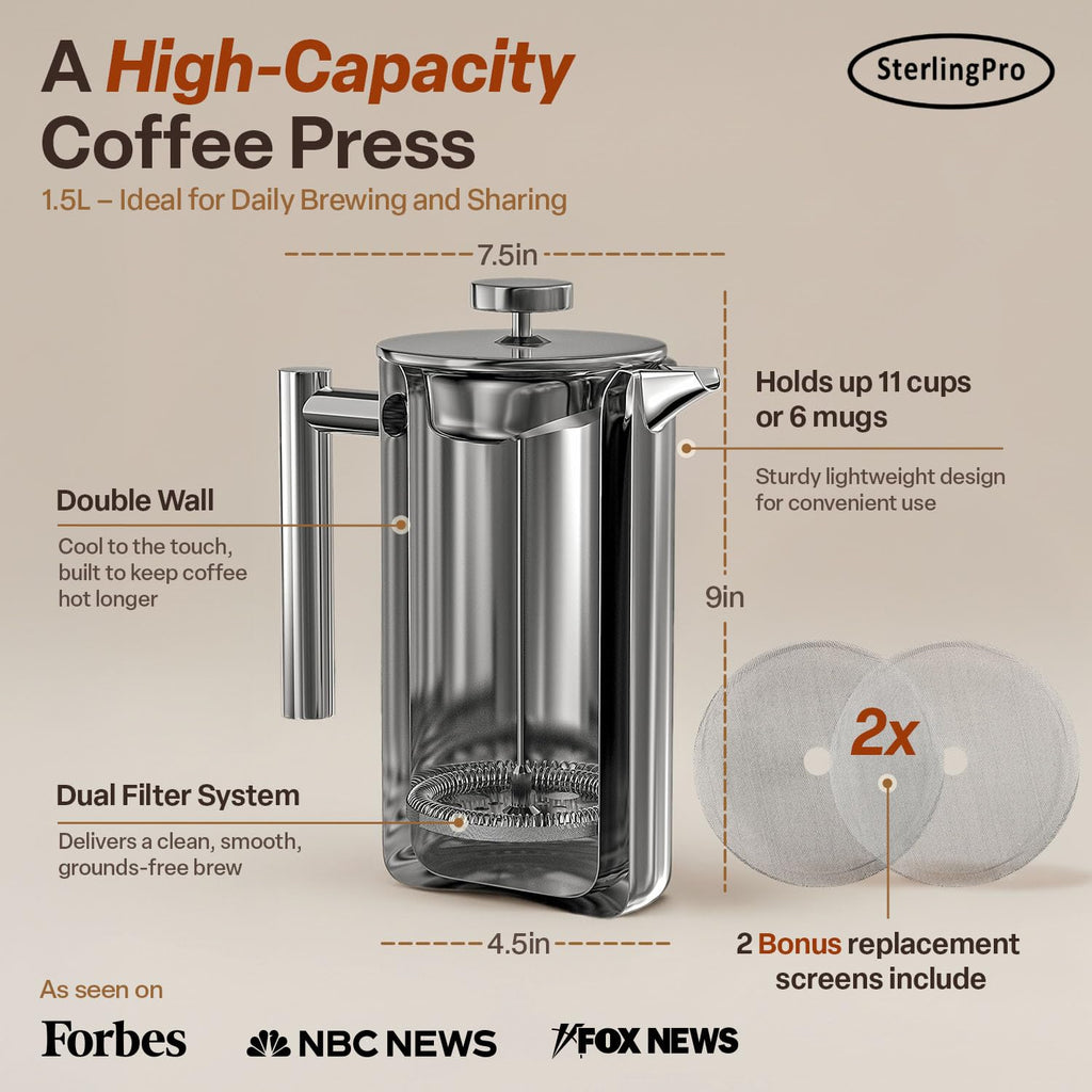 SterlingPro Stainless Steel French Press Coffee Maker 1 L (34 oz) Black – Double Walled Insulated Large Coffee Press, Durable Design Keeps Drinks Hot, Easy to Use and Clean for Rich Flavor Brewing
