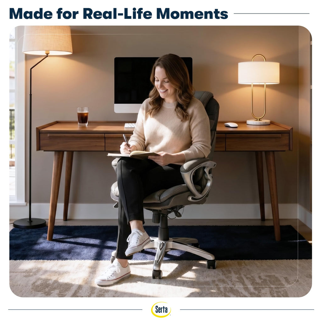 Serta Bryce Executive Office Chair - Ergonomic Computer DeskChair with Lumbar Technology - Adjustable Height - Memory Foam Body Pillows - 360° Swivel Rolling Base - Bonded Leather - Black