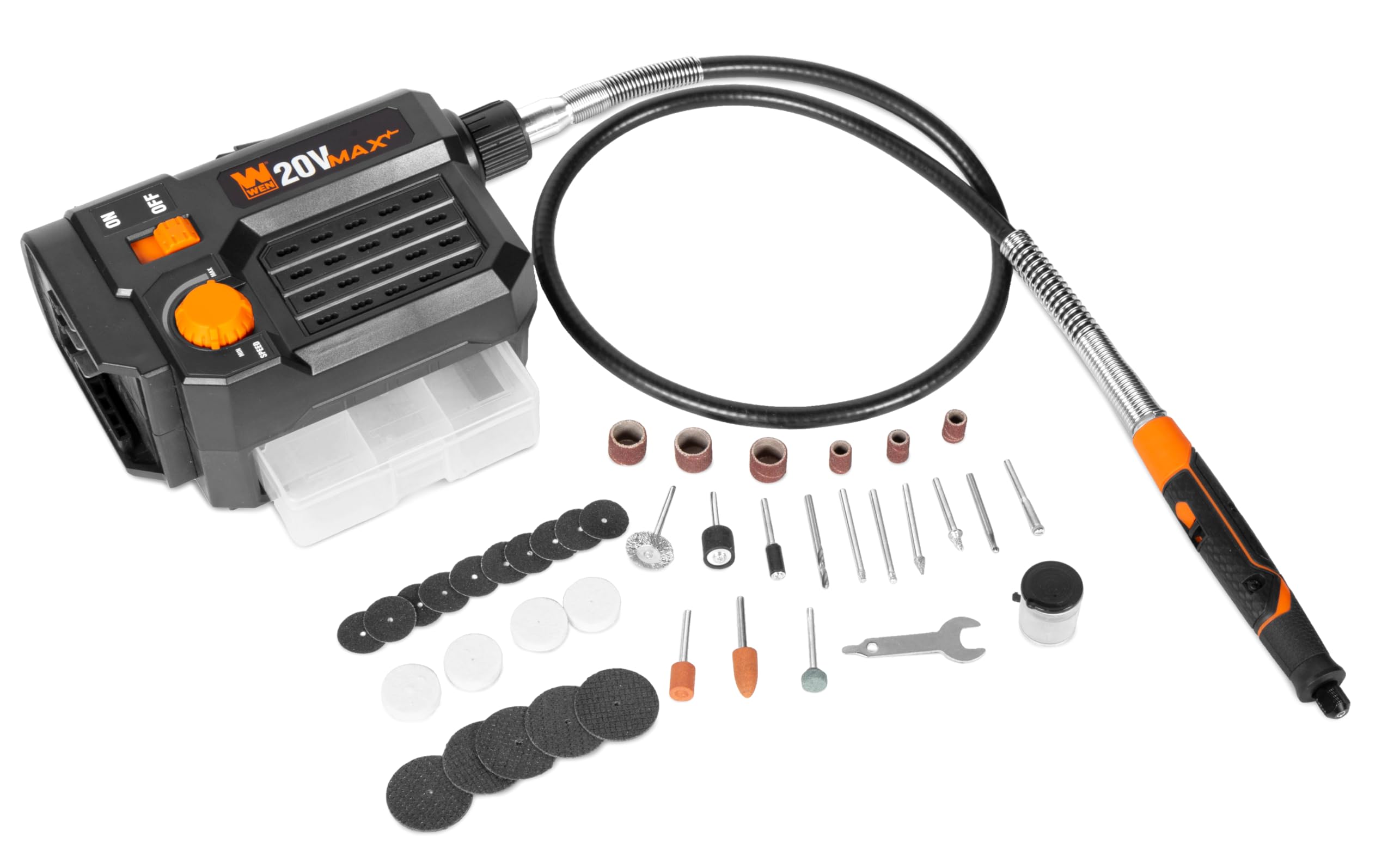 WEN 20V Max Cordless Variable Speed Rotary Tool Station with Flex Shaft, 40 Accessories, 2Ah Li-Ion Battery, and Charger (20923)