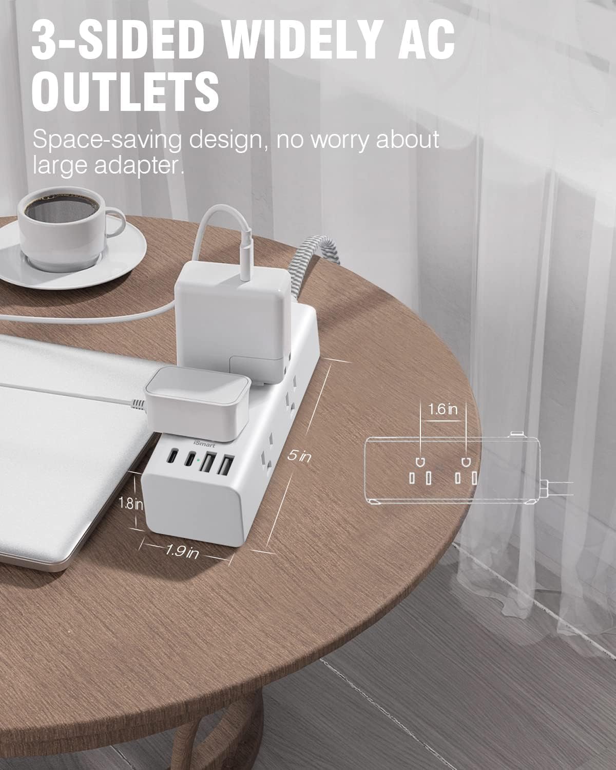 One Beat Short Extension Cord 1Ft, Flat Plug Power Strip Surge Protector - 6 Widely Outlets with 4 USB Ports (2 USB C), Wall Mount Small Power Strip for Travel, Home Office College Dorm Essentials