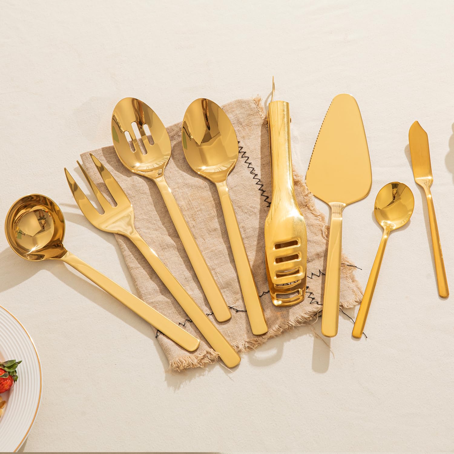 KINGSTONE Large Hostess Gold Serving Utensils Set,18/10 Stainless Steel Heavy Duty 10inch Serving Spoons,Slotted Spoons,Serving Fork,Serving Tongs, Cake Pie Server For Buffet, Wedding, Party