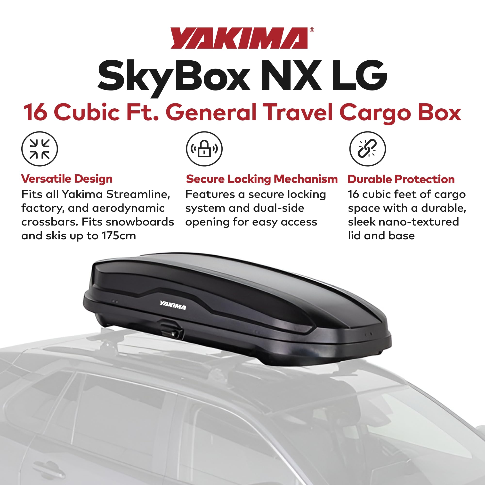 Yakima SkyBox NX 16 LG Rooftop Cargo Carrier, Hard Top Shell Box with SKS Lock, Fits Streamline Crossbars, 16 Cubic Feet, Black - Car and SUV Roof Storage for Luggage and Travel Accessories