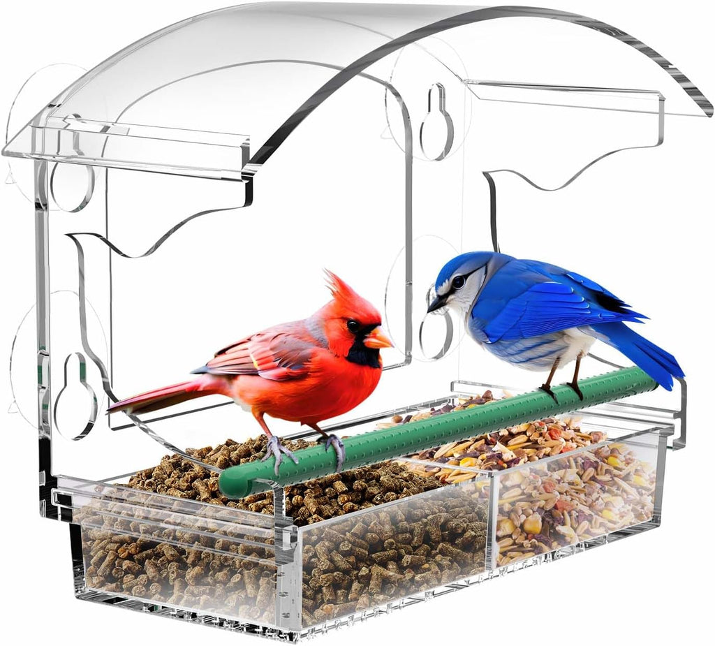 Clear Acrylic Window Bird Feeder for Outside with 4 Strong Suction Cups and Detachable Seed Tray, Highly Transparent Outdoor Viewing Birdfeeder, Wild Bird House Box