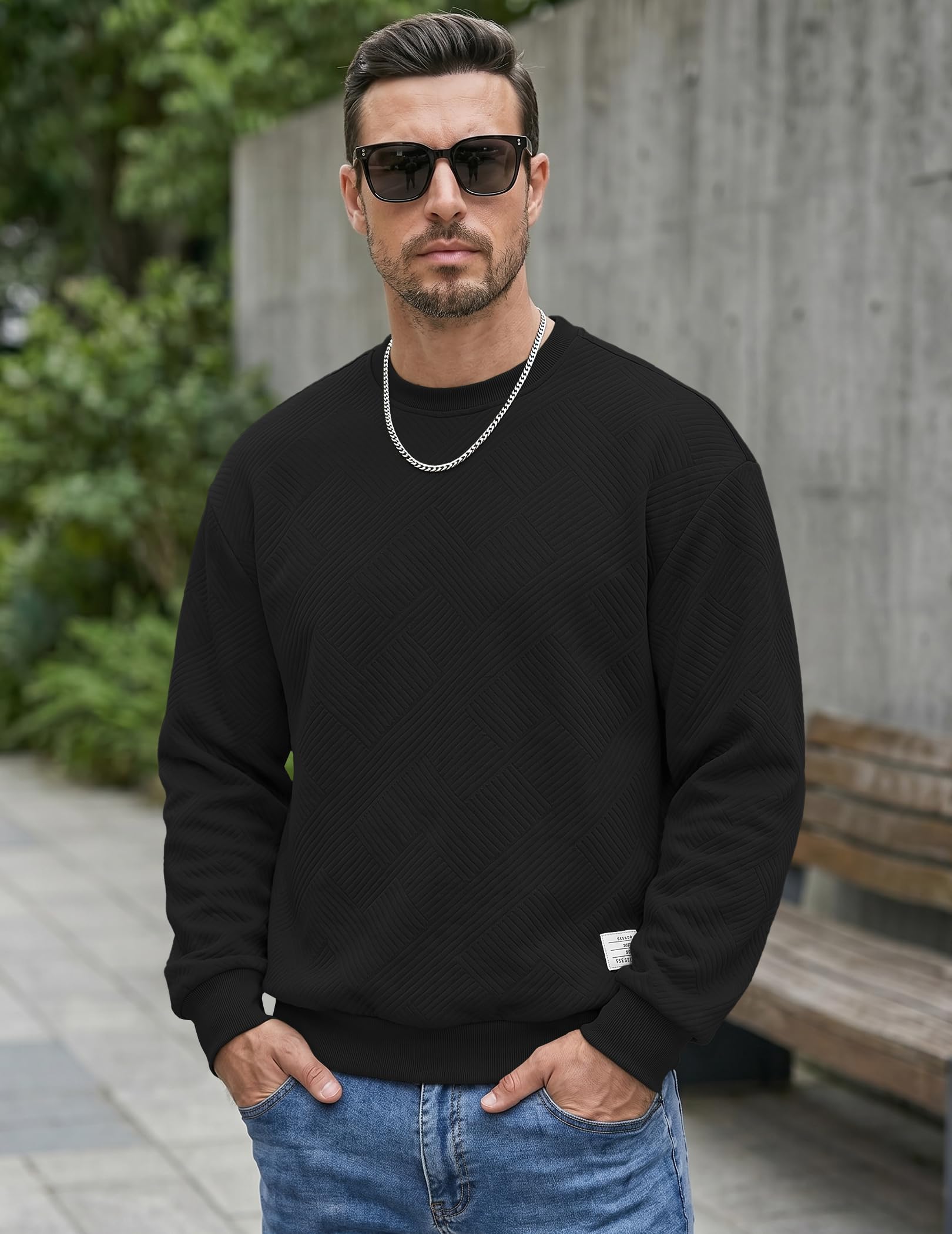 Dokotoo Men Men's Crewneck Sweatshirts Soild Color Geometric Texture Long Sleeve Casual Pullover Shirt