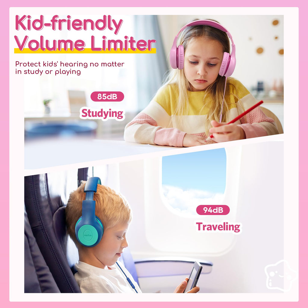 EarFun K1 Kids Headphones Wired with Microphone, 85/94dB Volume Limit Headphones for Kids, Portable Wired Headphone with Shareport, Stereo Sound Foldable Headset for School/Tablet/iPad, Black Red