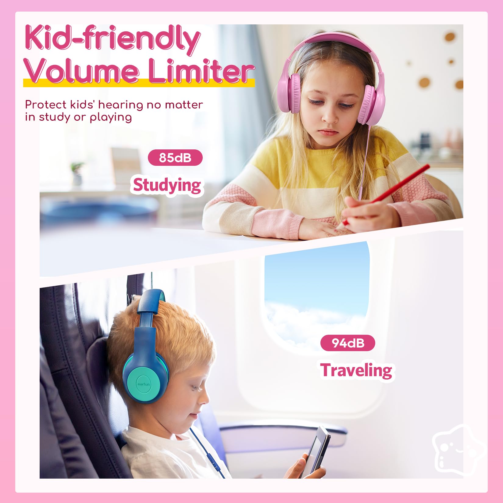 EarFun K1 Kids Headphones Wired with Microphone, 85/94dB Volume Limit Headphones for Kids, Portable Wired Headphone with Shareport, Stereo Sound Foldable Headset for School/Tablet/iPad, Black Red