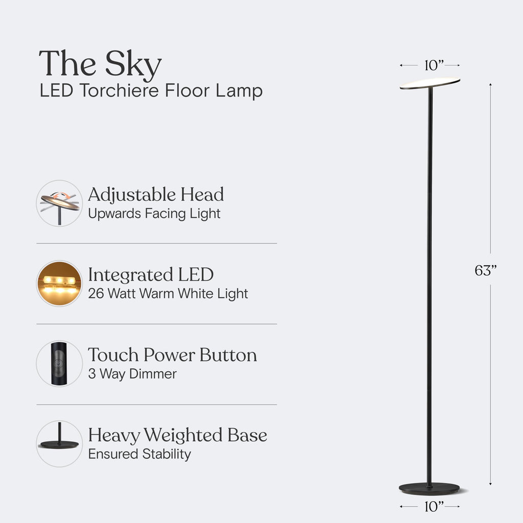 Brightech Sky LED Floor lamp, Torchiere Super Bright Floor Lamp for Living Room Decor & Office - Dimmable, Tall Standing Lamp with Warm Light for Bedroom & Reading - Bronze