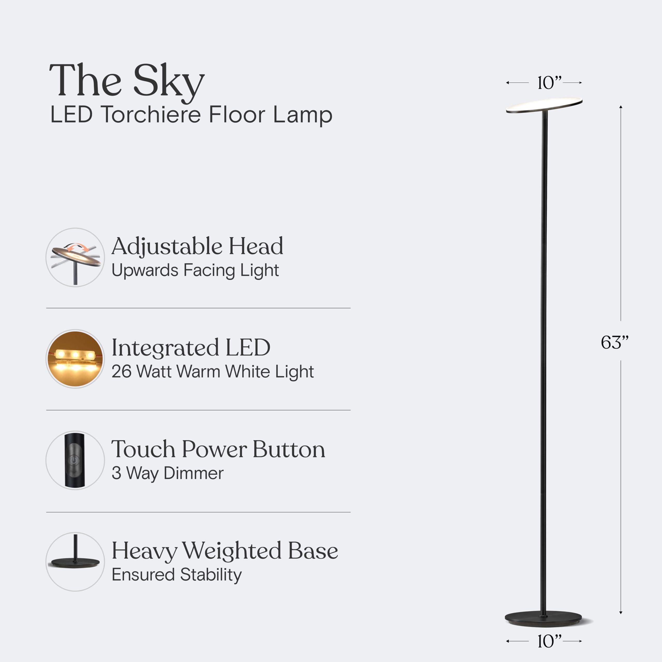Brightech Sky LED Floor lamp, Torchiere Super Bright Floor Lamp for Living Room Decor & Office - Dimmable, Tall Standing Lamp with Warm Light for Bedroom & Reading - Bronze