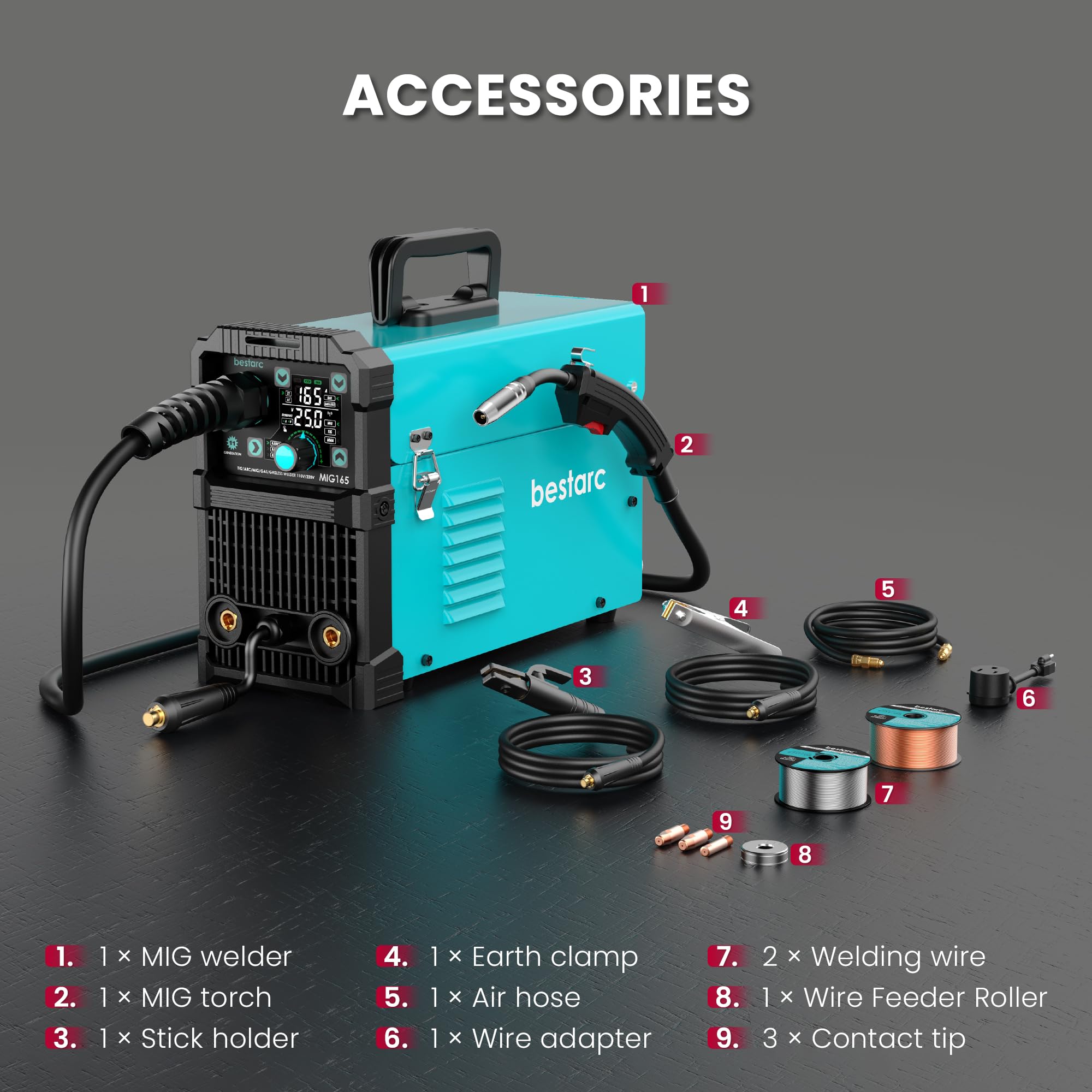 Bestarc 145A MIG Welder, 110V 220V 4 in 1 Gas/Flux Core MIG/Lift TIG/Stick Welder Machine, Large LED Display Welding Machine, IGBT Inverter Welder MIG145 Soild Gasless Synergy MIG Welder