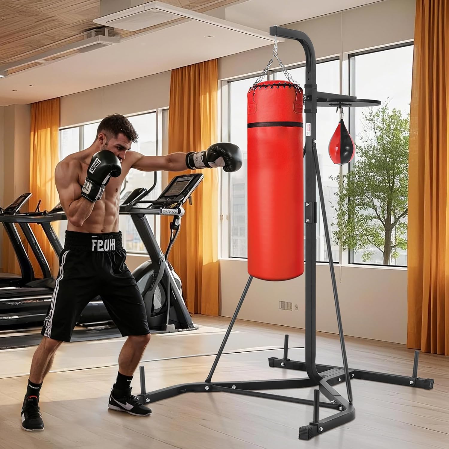 VEVOR 2 in 1 Punching Bag Stand, Steel Heavy Duty Workout Equipment, Adjustable Height Boxing Punching Bag and Speed Bag Stand, Freestanding Sandbag Rack, Holds Up to 140 lbs, for Home Gym Fitness