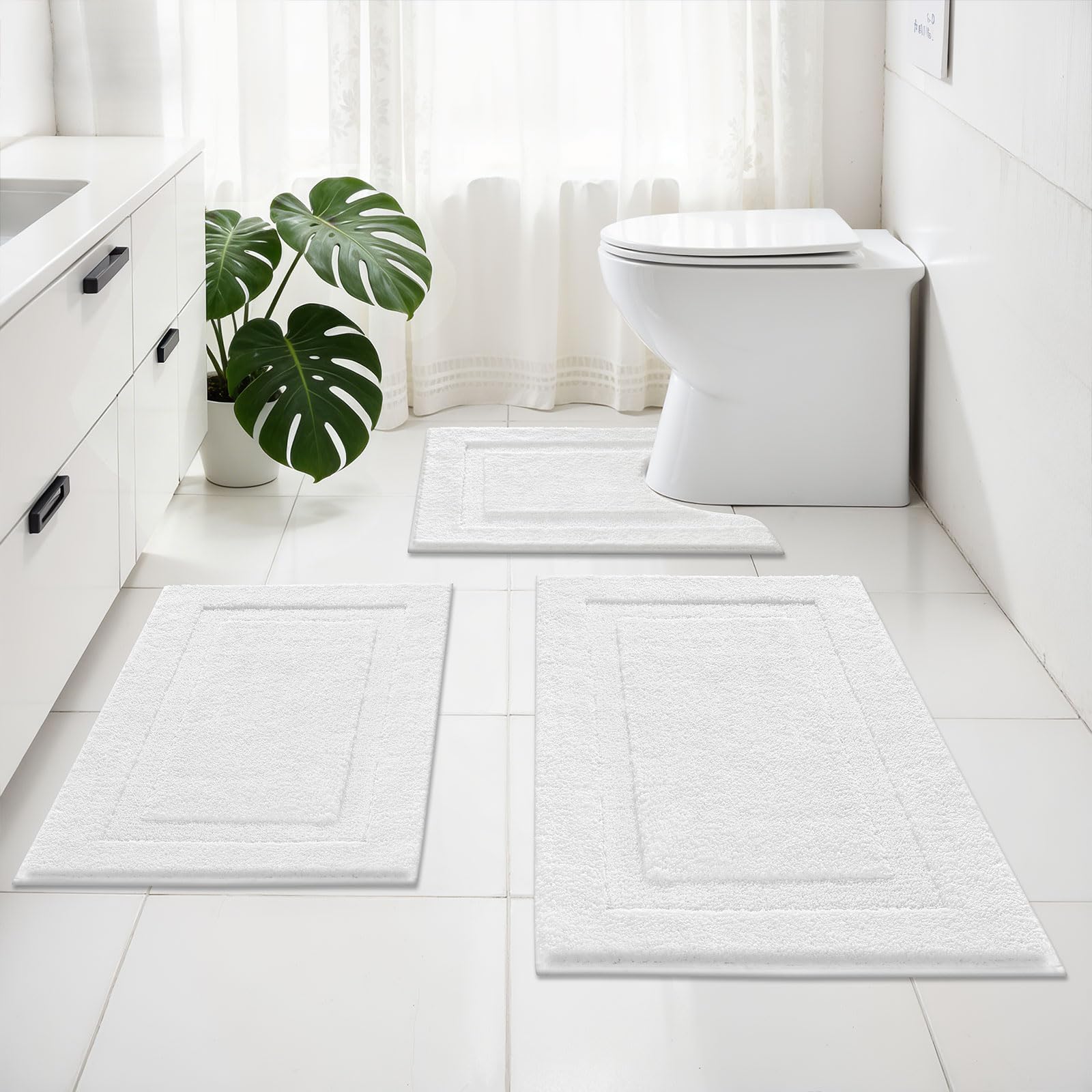 SHACOS Black Bathroom Rugs Sets 3 Piece, 16"x24" + 20"x32" Non Slip Bath Mat and 20"x24" Toilet Rugs U Shaped Washable, Soft Fluffy Water Absorbent Bath Rugs for Bathroom