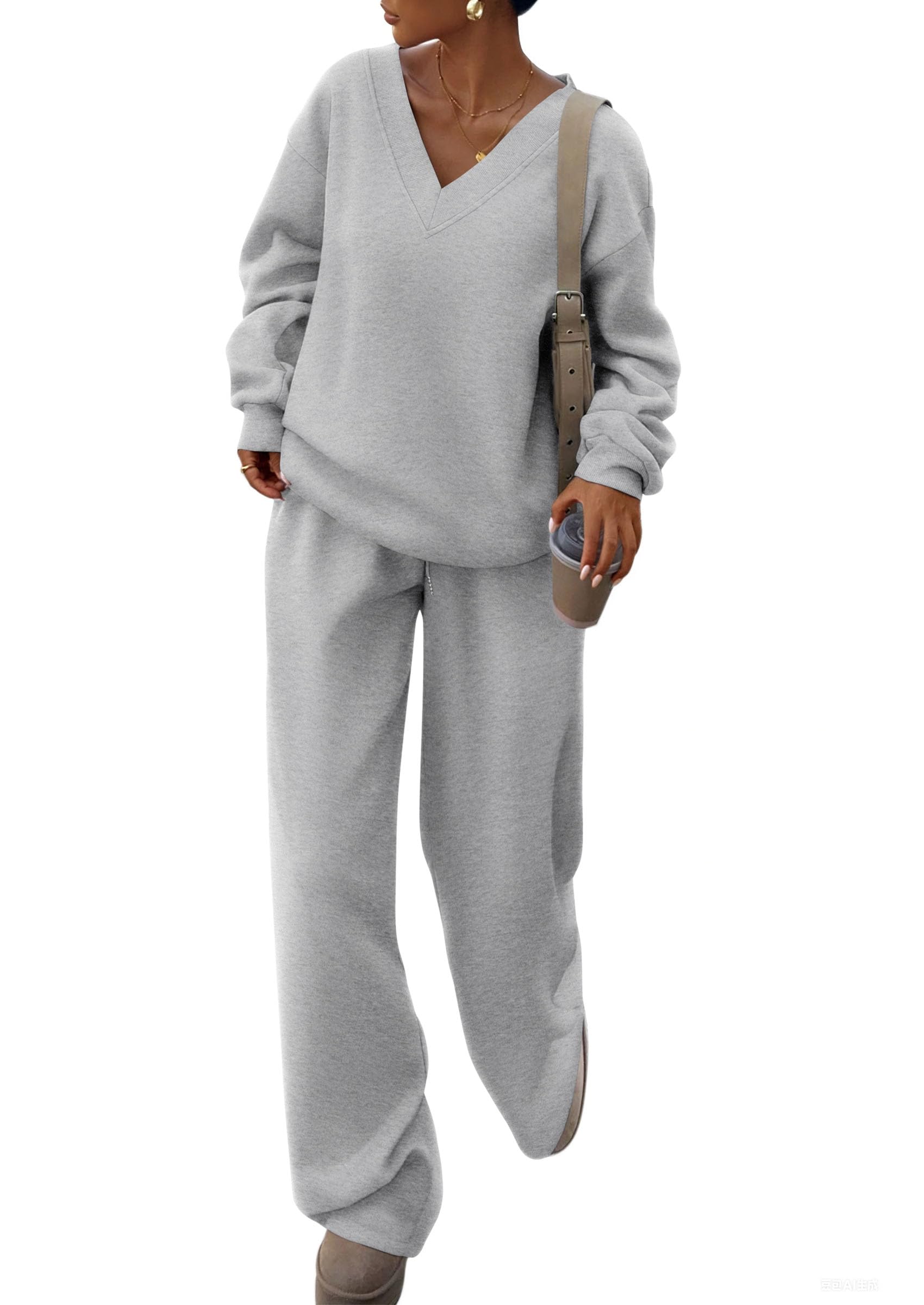PRETTYGARDEN Casual Winter Two Piece Sets for Women 2026 V Neck Sweatshirt Loose Wide Leg Pants Tracksuit Knit Fall Outfits