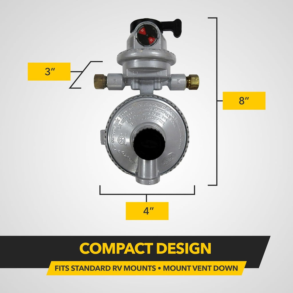 Fairview GR-9984 RV Camper LP Propane 2-Stage Automatic Changeover Regulator – Dual Tank Auto Changeover, 345,000 BTU, 11" WC, 3/8" NPT Outlet, 1/4" Inverted Flare Inlets, 8" x 4" x 3"