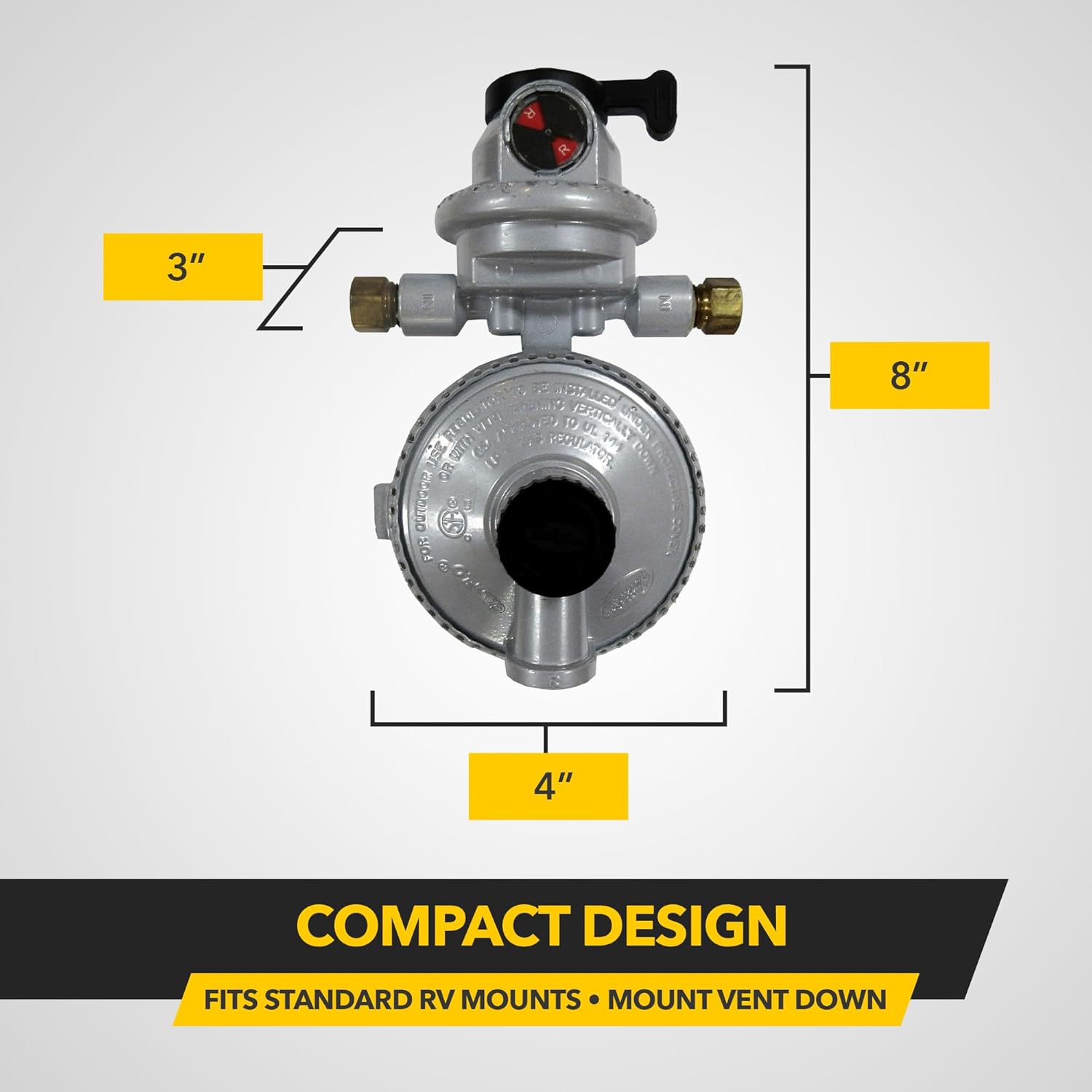 Fairview GR-9984 RV Camper LP Propane 2-Stage Automatic Changeover Regulator – Dual Tank Auto Changeover, 345,000 BTU, 11" WC, 3/8" NPT Outlet, 1/4" Inverted Flare Inlets, 8" x 4" x 3"
