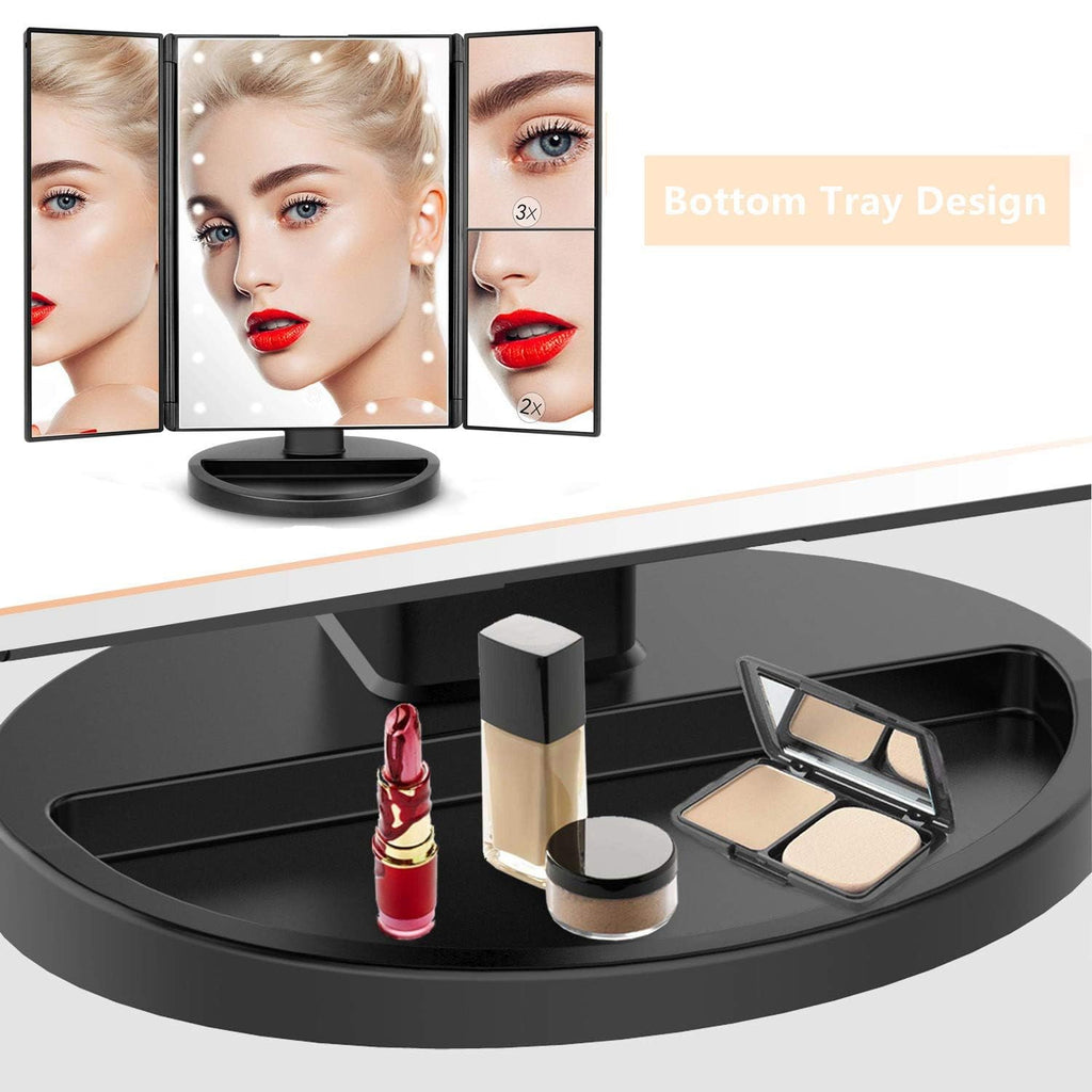 Flymiro Tri-fold Lighted Vanity Makeup Mirror with 3x/2x Magnification,Light up Mirror for Makeup,Touch Screen 21 LEDs,180° Rotation Countertop Cosmetic Mirror,Gifts for Women Mom Teen Girls