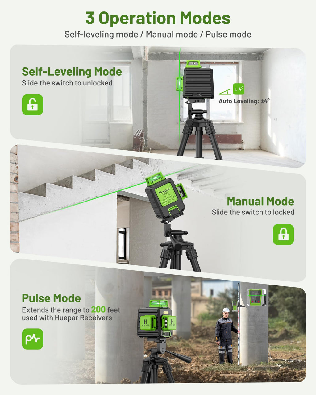 Huepar B03CG Professional 3D Laser Level 360° Self Leveling with 50" Tripod, 3x360 Niveau Laser Tool, 3 Plane Cross Line Lazer Leveler Green Beam, Type-C Charging Port Included