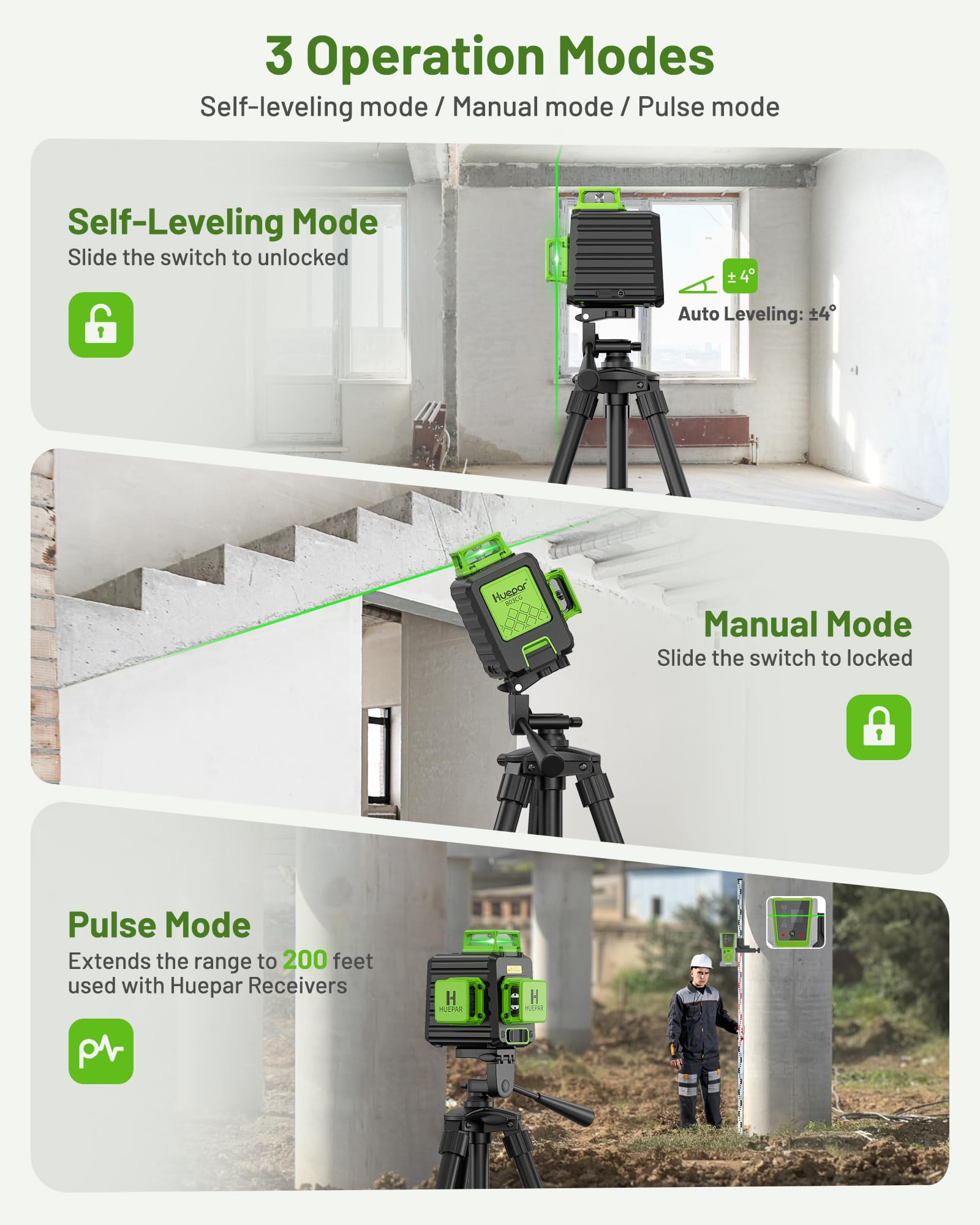 Huepar B03CG Professional 3D Laser Level 360° Self Leveling with 50" Tripod, 3x360 Niveau Laser Tool, 3 Plane Cross Line Lazer Leveler Green Beam, Type-C Charging Port Included