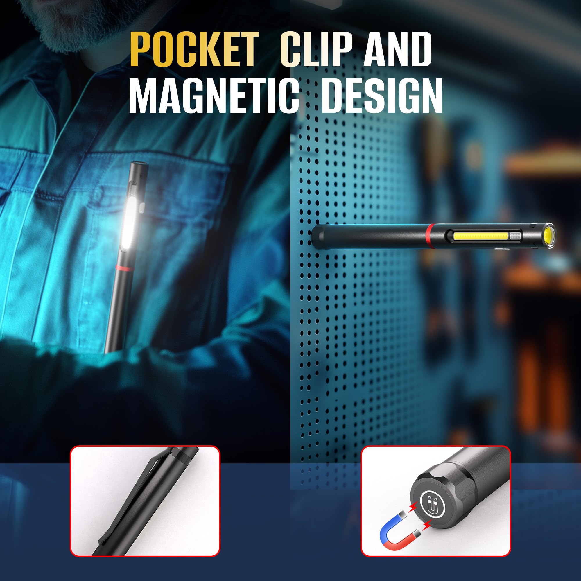 Rechargeable Pen Light, 800 Lumens LED Pen Flashlights 6 Modes COB Magnetic Flashlight with Clip Bright Pocket Flashlights Work Light Portable Waterproof Durable Penlight for Work Emergency