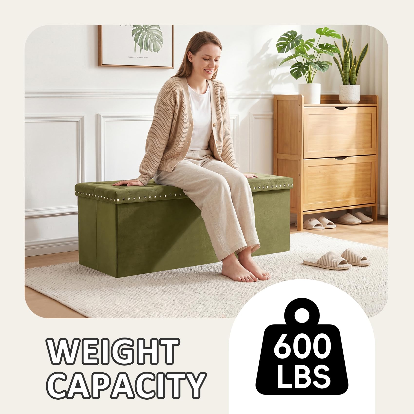 PINPLUS Folding Storage Ottoman Bench, Folding Velvet Tuffed Foot Rest Stool with Rivet, End of Bed Bench Large Long Shoes Chest for Bedroom Entryway Living Room, Beige, 41.3 Inches