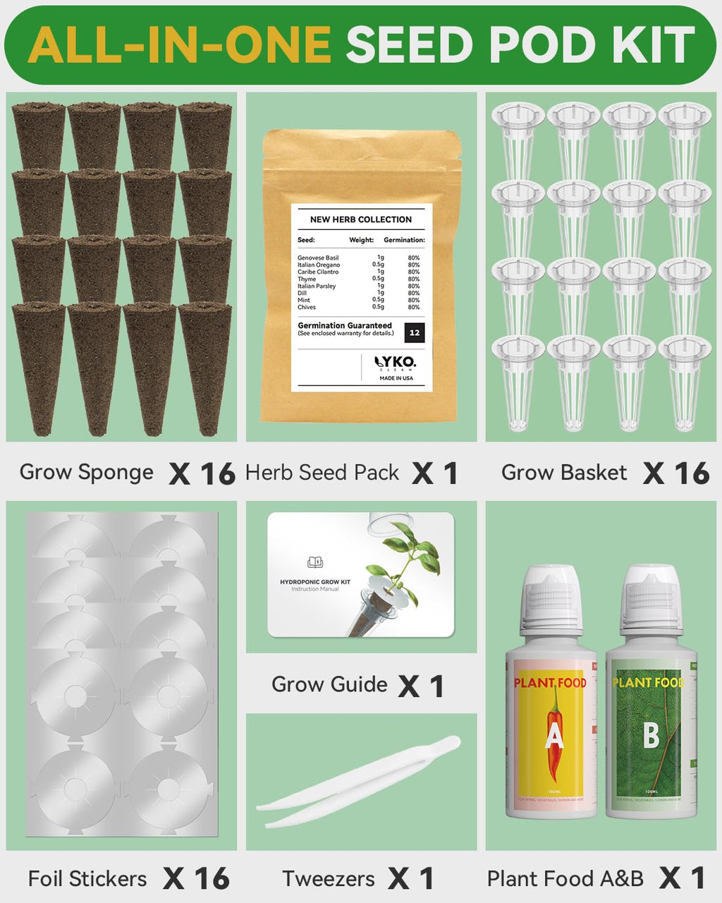 Hydroponics Seed Pod with Genovese Basil & Purple Basil, 8 Pods Complete Kit with Sponge, Basket, Dome, Label, Compatible with AeroGarden, Ahopegarden, GARDENCUBE, iDoo & MUFGA Indoor Smart Gardens