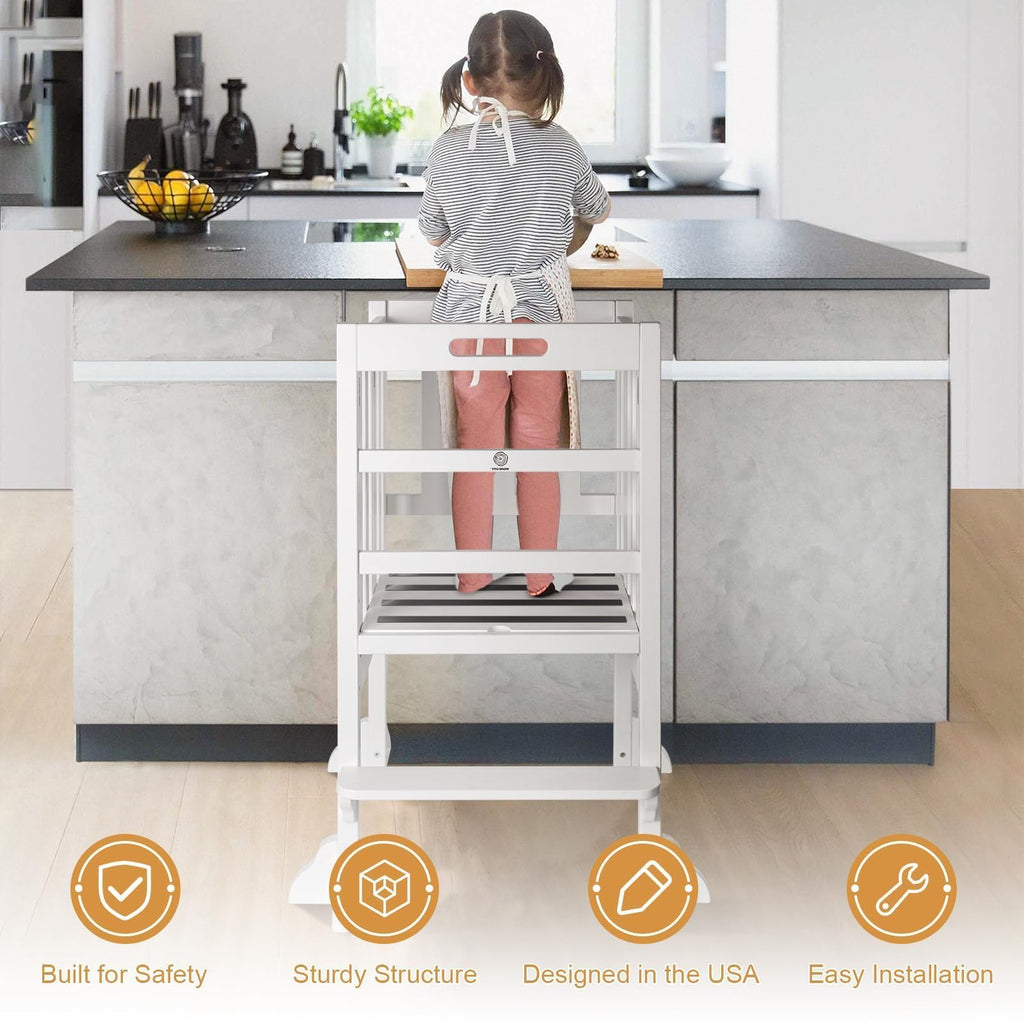 Foldable Toddler Learning Standing Tower, WOOD CITY Montessori Kitchen Step Stool Ideal Helper with 3 Adjustable Heights for Learning New Skills(Natural)