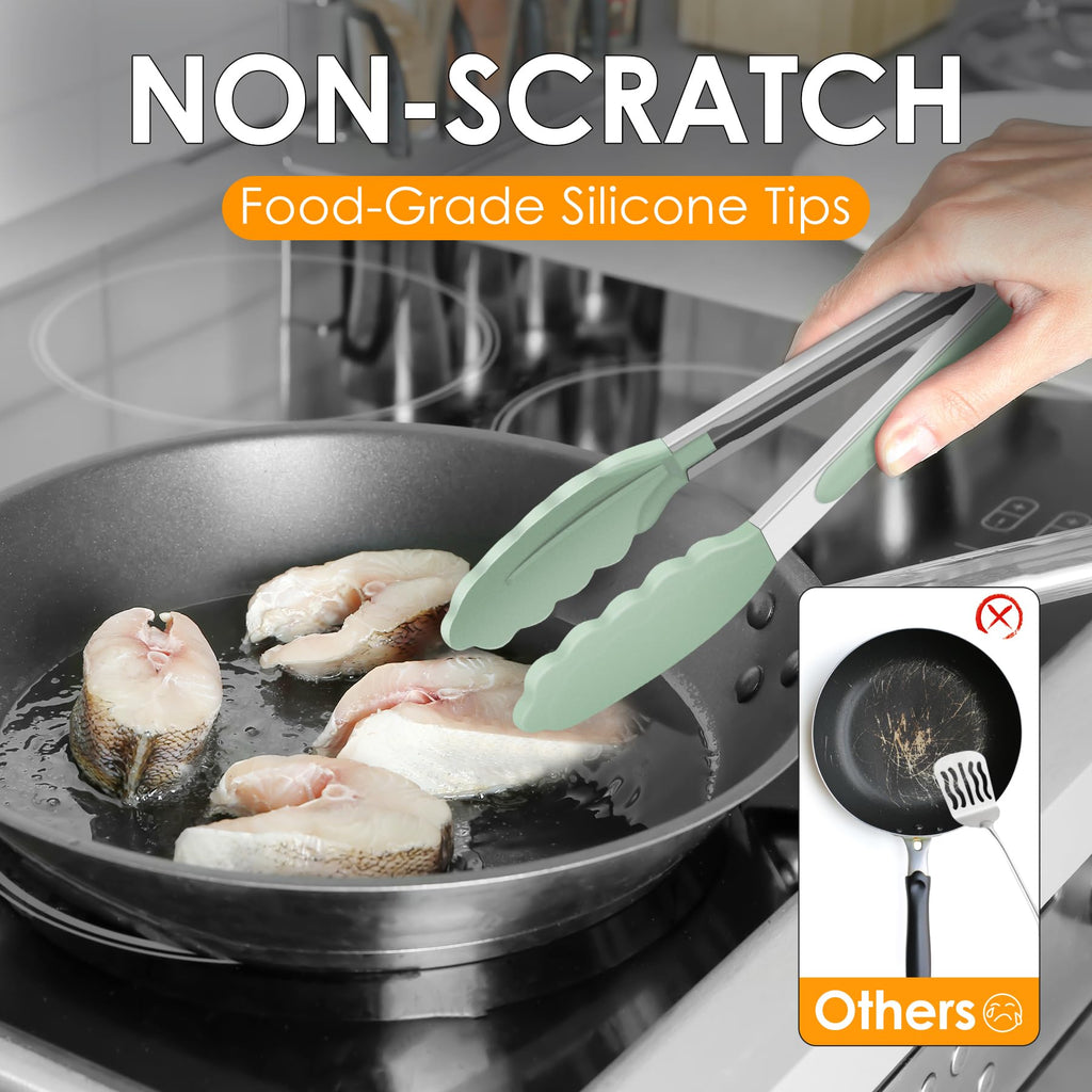 Hotec Mini Silicone Kitchen Tongs for Cooking - 7-Inch Small Serving Tongs with Silicone Tips, Set of 3 (Black)