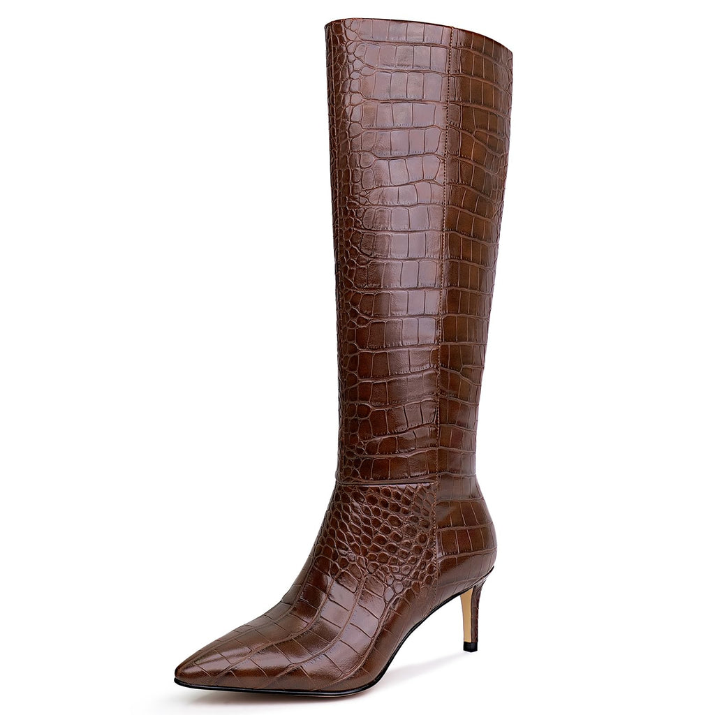 wetkiss Knee High Boots for Women - Pointed Toe Kitten Heel & Crocodile, Side Full Zipper for Easy Wear, All-Day Comfort Boots for Work, Party and Daily Chic Style