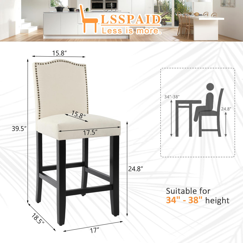 LSSPAID Counter Height Bar Stools Set of 2, 24.8 Inch Modern Upholstered Fabric Barstools, Kitchen Island Chairs with Bronze Nail Backrest and Solid Wood Legs for Kitchen Pub Home Cafe, Beige