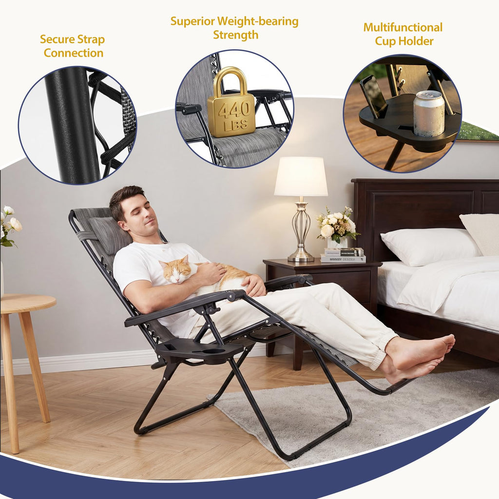 Sweetcrispy Zero Gravity Chairs, Set of 4 Portable Recliner Beach Camping Patio Outdoor Folding Lounge Chair with Cup Holder Trays and Adjustable Pillow for Poolside, Garden, Backyard, Lawn, Black
