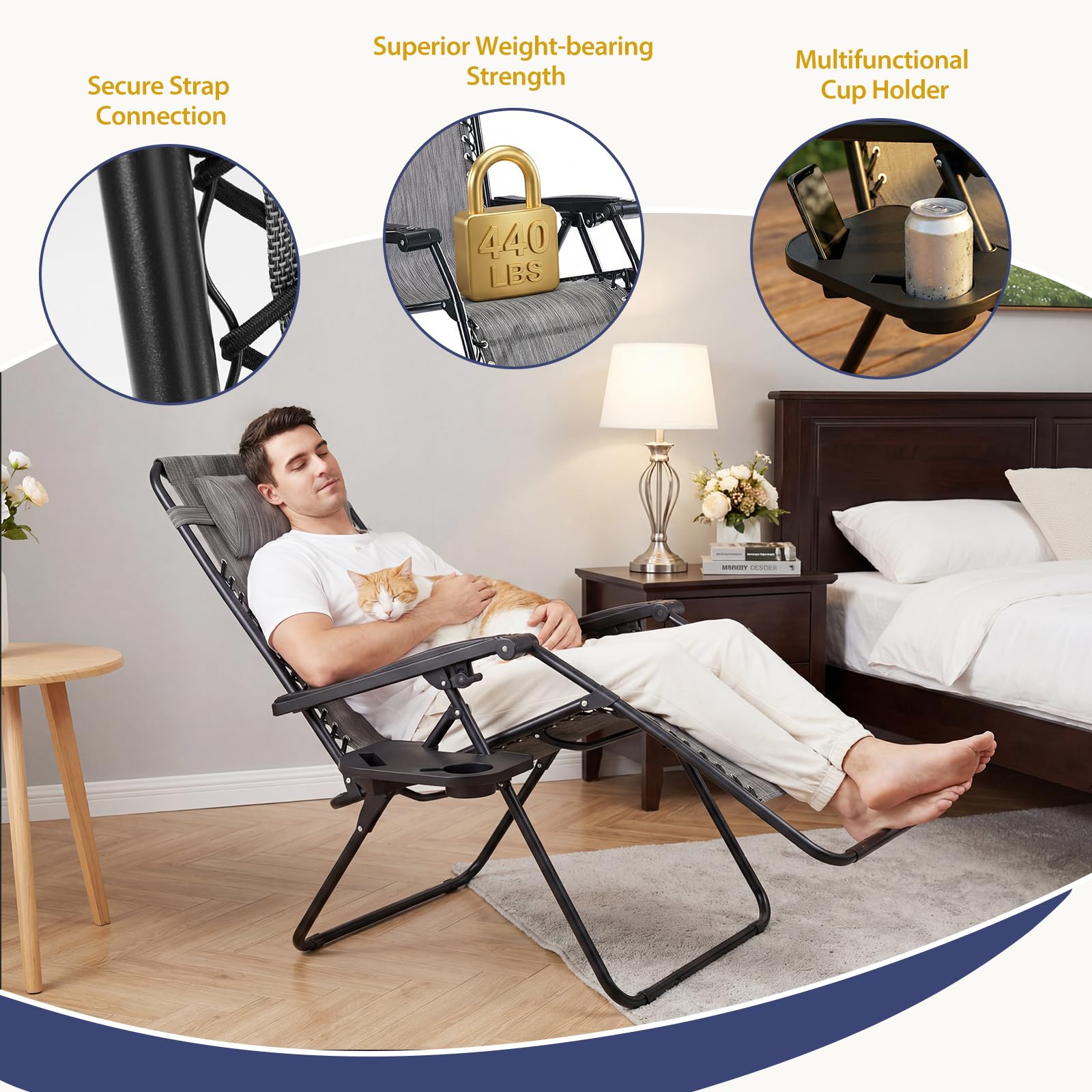 Sweetcrispy Zero Gravity Chairs, Set of 4 Portable Recliner Beach Camping Patio Outdoor Folding Lounge Chair with Cup Holder Trays and Adjustable Pillow for Poolside, Garden, Backyard, Lawn, Black