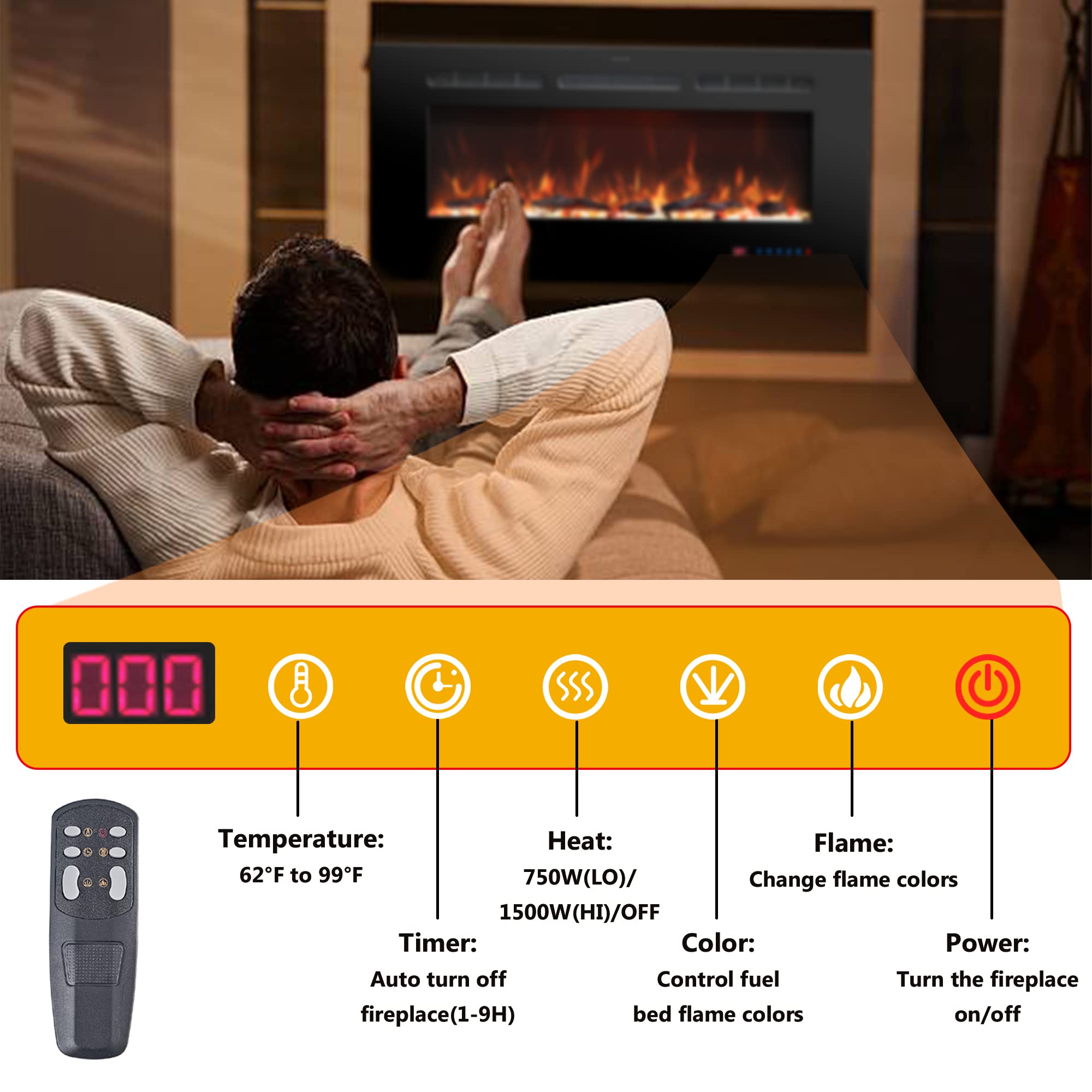 30 Inches Electric Fireplace Inserts, Recessed and Wall Mounted Fireplace Heater for Indoor Use with Remote Control, 13 Color Flames with Log &Crystal, 9H Timer, 750/1500W