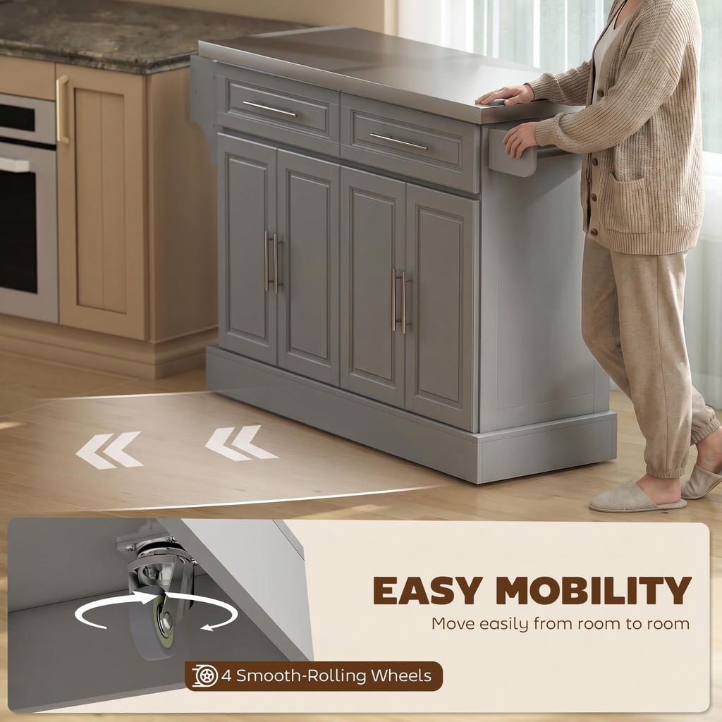 HOMCOM Rolling Kitchen Island Cart with 47" Stainless Steel Top, Portable Island Table for Kitchen with Wheels, Adjustable Shelves, 2 Drawers, Spice, Knife and Towel Rack, Black