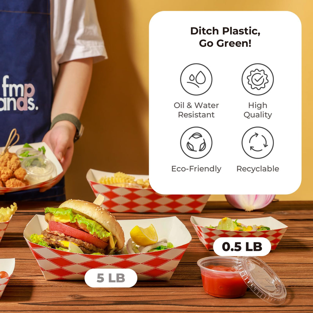 Fit Meal Prep [250 Pack 0.25 lb Paper Food Boats Heavy Duty Disposable Food Trays, Red Check Nacho Tray for Parties Fairs Picnics Carnivals, Holds Ketchup Cheese Sauce Pickles