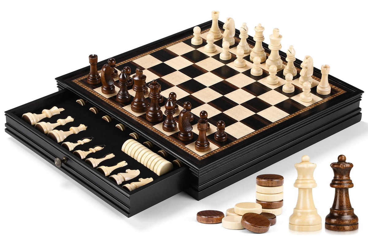 Peradix Magnetic Chess and Checkers Set with 2 Built-in Storage Drawers, Classic 2 in 1 Wooden Board Games, Magnetic Chess Pieces 2 Extra Queens, 12.8" Chess Set for Adults and Kids Gift Package