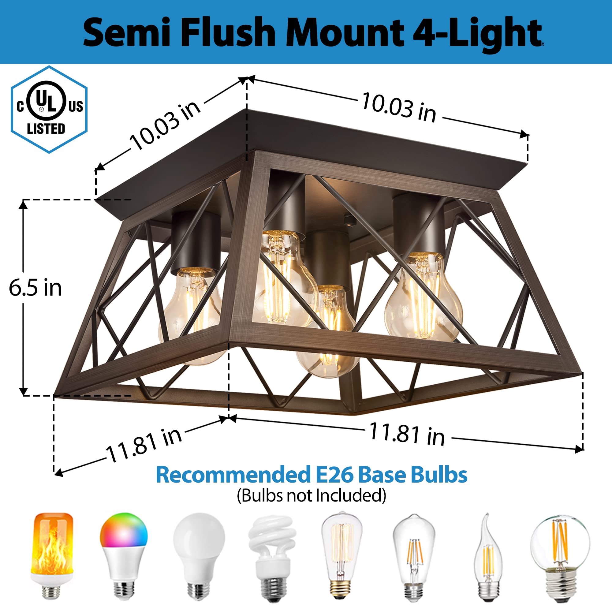 FadimiKoo 2-Light Black Flush Mount Ceiling Light Fixture, Industrial Hallway Light Fixtures Ceiling Mount for Farmhouse Kitchen, Square Cage Ceiling Lamp for Dining Room, Living Room, Entryway