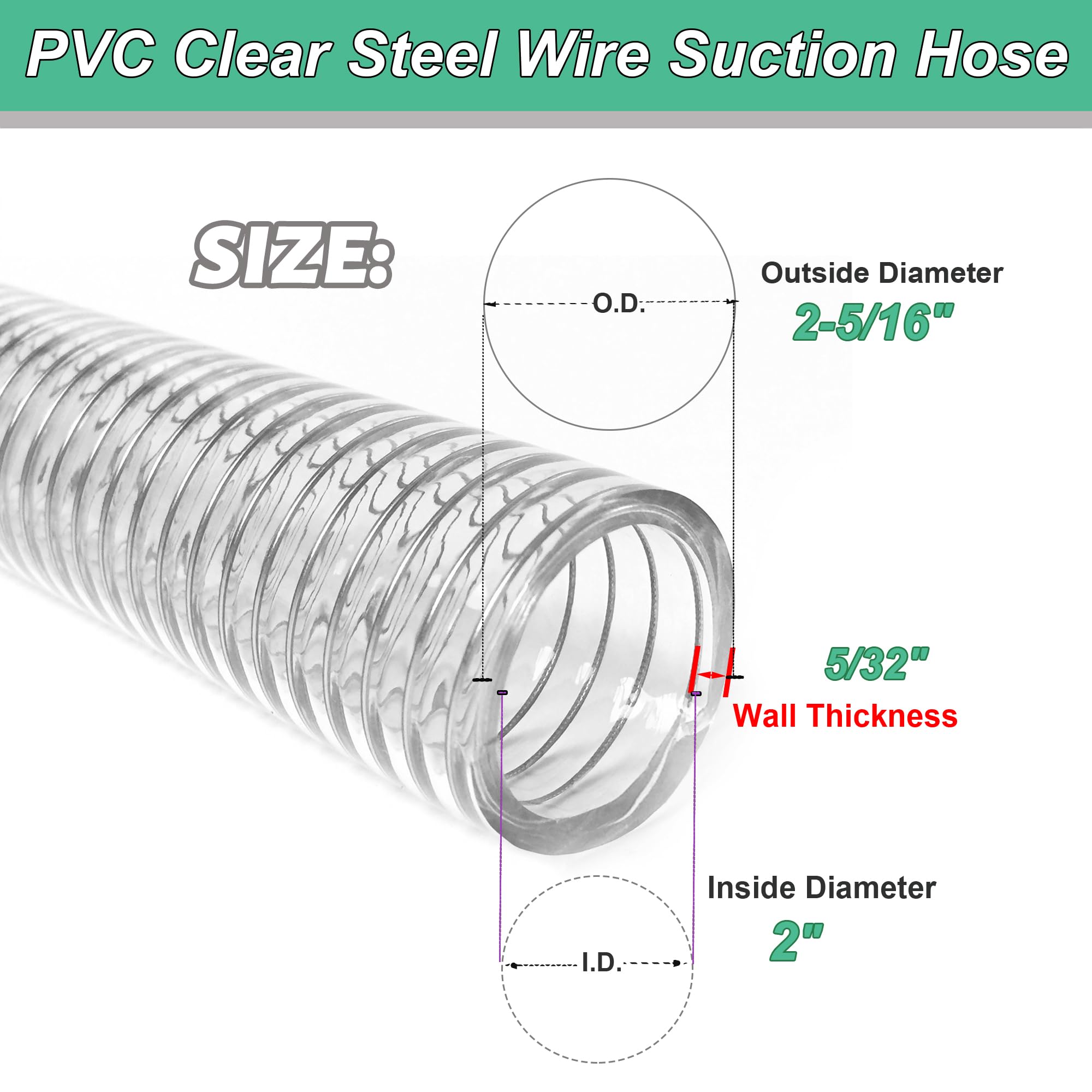 1"id-5ft PVC Reinforced Tubing Steel Wire Suction Flexible Hose Vinyl Tubing Heavy Duty PVC Vacuum Hose Drain Fuel Oil Gas Water for Marine Bilge Pump Pond Spa