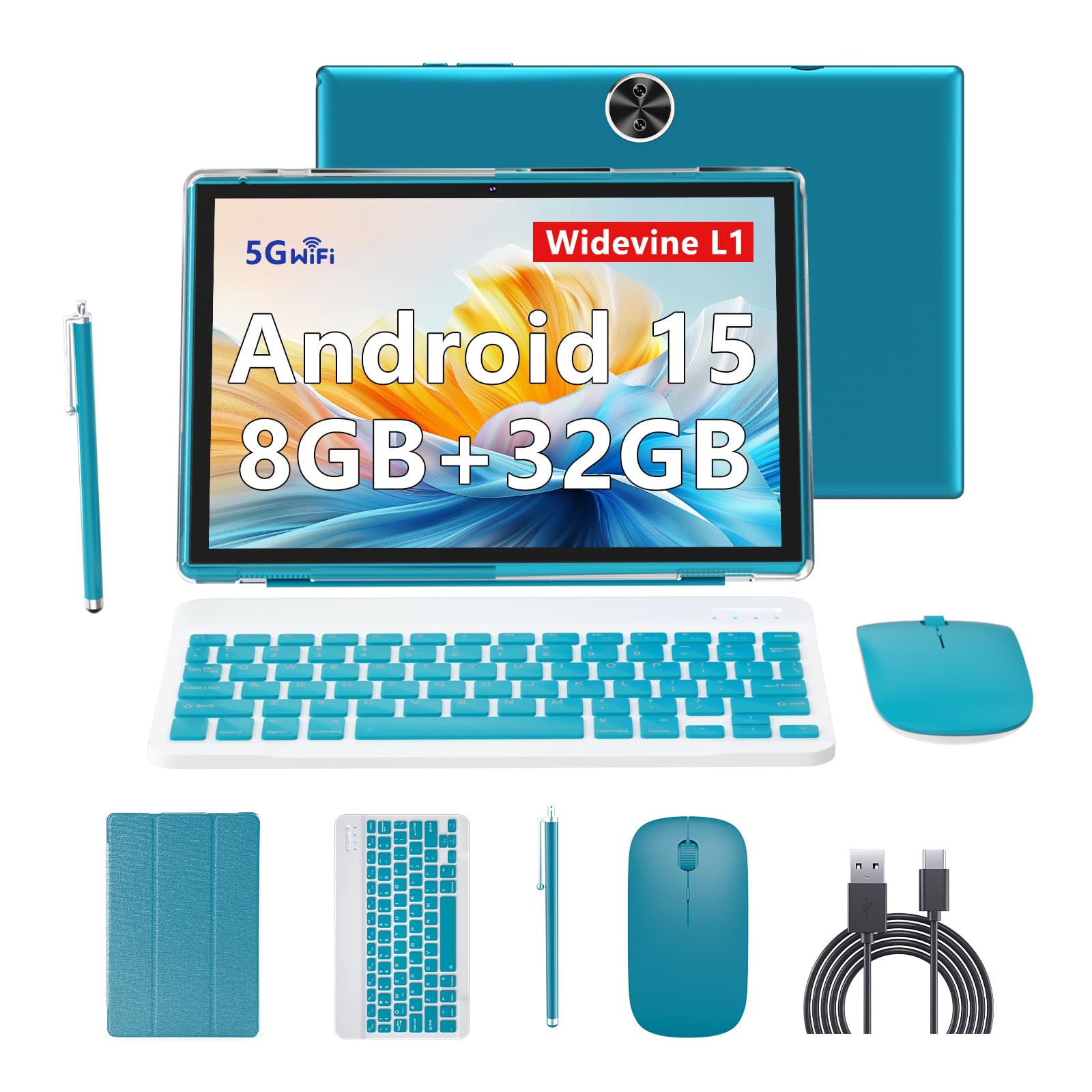 Android 15 | Tabalet with Keyboard | Tablet 10 inch | 2 in 1 Tablet | 8GB+32GB+2TB Expand | 1280 * 800 IPS Touch Screen Computer | 5G WiFi 6, L1 | Long Battery Life Tablet （Black）