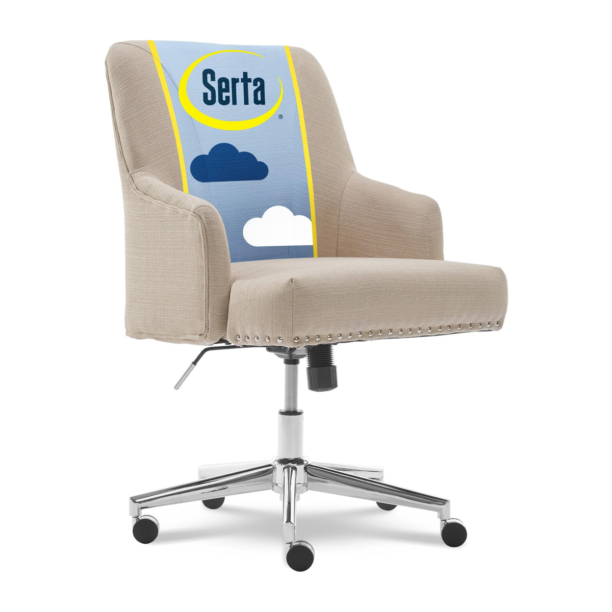 Serta Scarlett Modern Office Chair, Pleated and Curved Mid-Back Desk Chair, Pocket Coil Seat Cushion, Padded Armrests, Vanity Armchair with Wheels, Swivel Gold Base, Beige Velvet Fabric