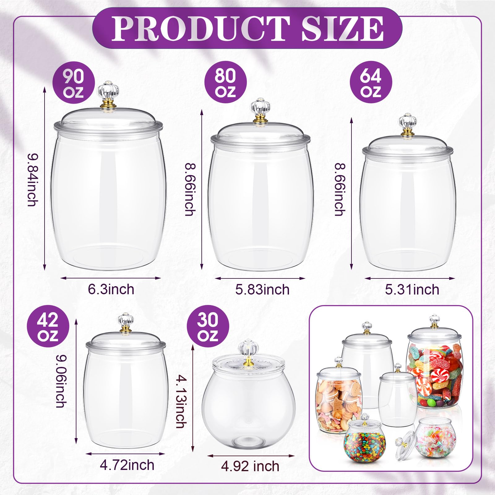 Nuogo 6 Pcs Plastic Candy and Cookie Jar with Lids Decorative Apothecary Jars Candy Buffet Containers Clear Airtight Food Storage Canister Home Decoration(42 oz,Classic)